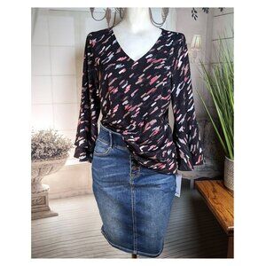 Apt. 9 Blouse Women's Size Small Layered Ruffle Bell Sleeve V-neck Abstract NWT